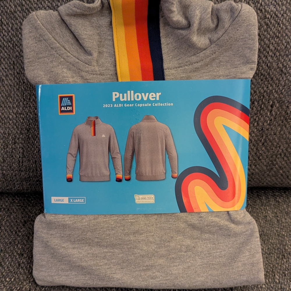 ALDI Gray Zip-Up Sweater with Multicolor Stripe
